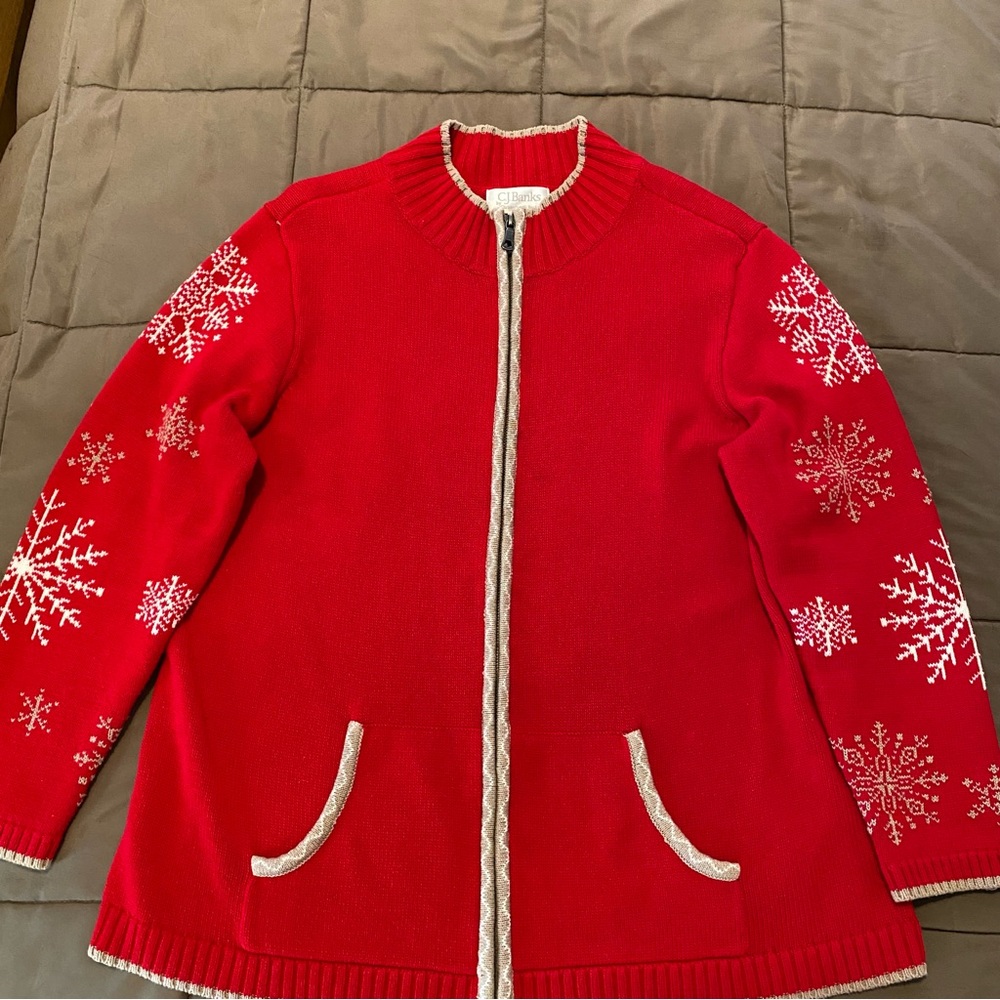👗 CJ Banks Red Cardigan with White Snowflake Design